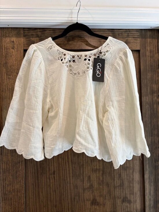 Gigio Tops - GIGIO White Lace-Trim Cotton Peasant Blouse NWT